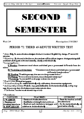 Giáo án Tiếng Anh Lớp 8 - Tiết 72 Third 45-minute written test - Năm học 2012-2013